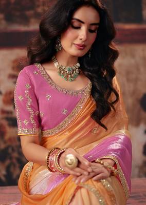 orange & pink fendy satin handwork motif work crystal beads work saree with blouse 2