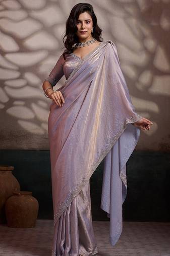 Light mauve velvet satin handcrafted cutdana & zarkan borders saree with blouse
