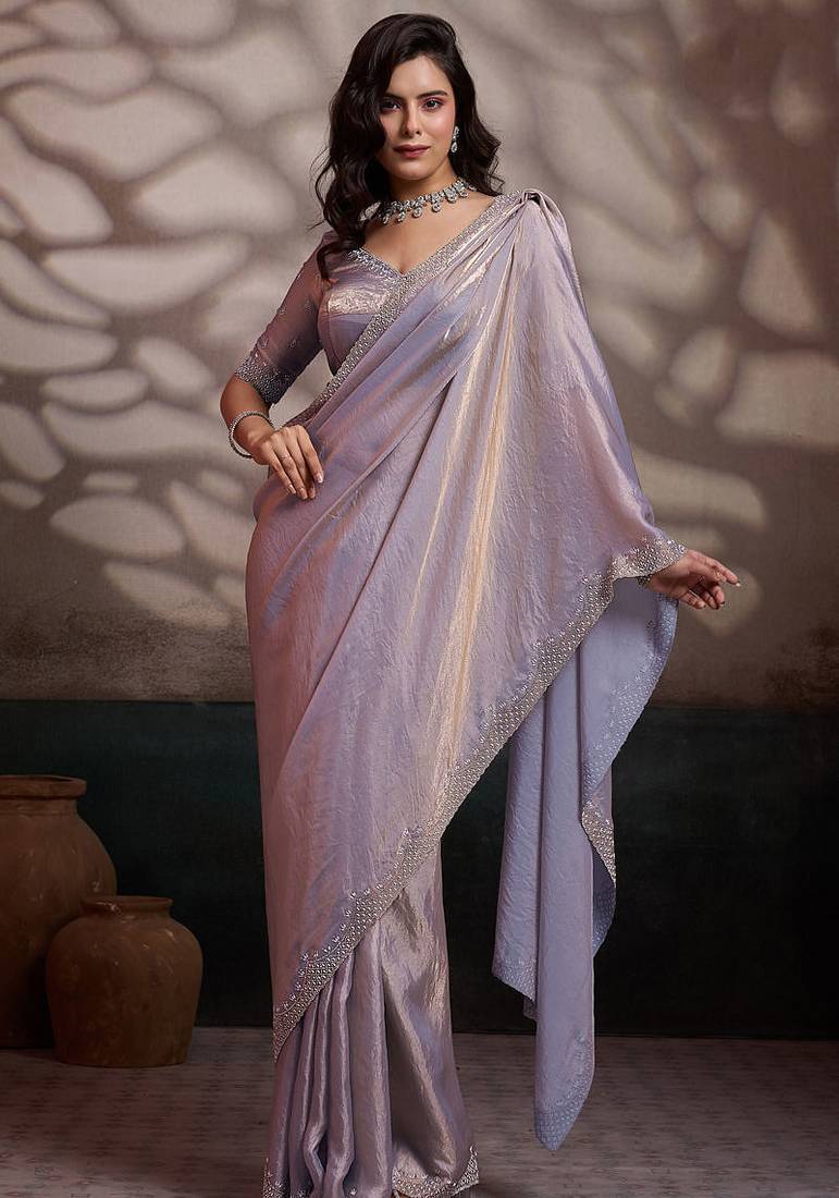 Light mauve velvet satin handcrafted cutdana & zarkan borders saree with blouse