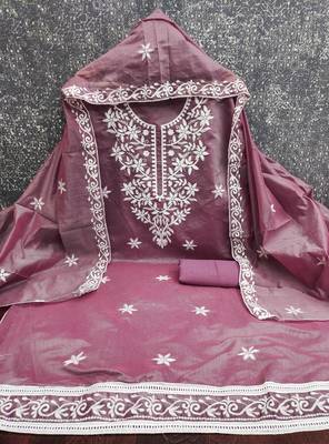 women's lavender unstitched chanderi cotton dress material with embroidered dupatta 2