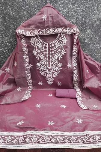 women's lavender unstitched chanderi cotton dress material with embroidered dupatta