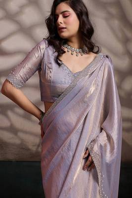 Light mauve velvet satin handcrafted cutdana & zarkan borders saree with blouse 2