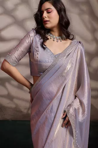 Light mauve velvet satin handcrafted cutdana & zarkan borders saree with blouse