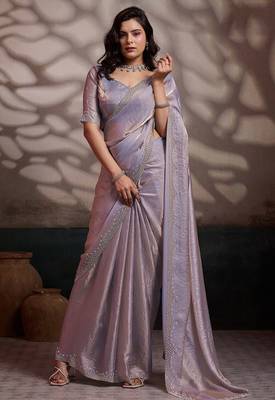 Light mauve velvet satin handcrafted cutdana & zarkan borders saree with blouse 3