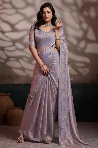 Light mauve velvet satin handcrafted cutdana & zarkan borders saree with blouse