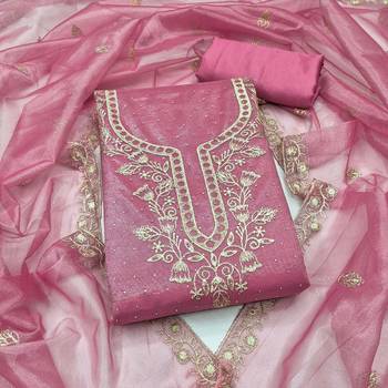 women's pink unstitched organza dress material with embroidered dupatta 1