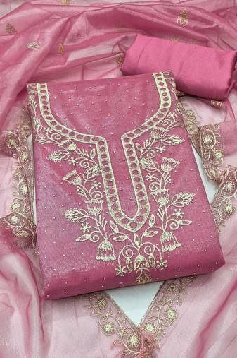 women's pink unstitched organza dress material with embroidered dupatta