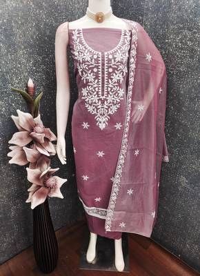 women's lavender unstitched chanderi cotton dress material with embroidered dupatta 3