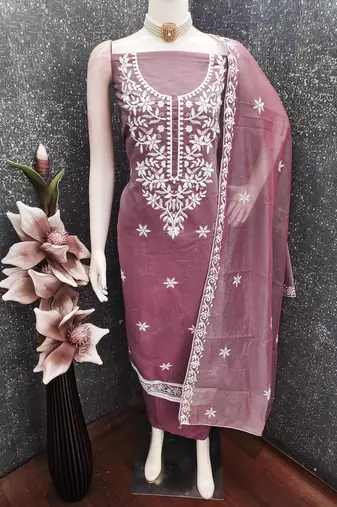 women's lavender unstitched chanderi cotton dress material with embroidered dupatta