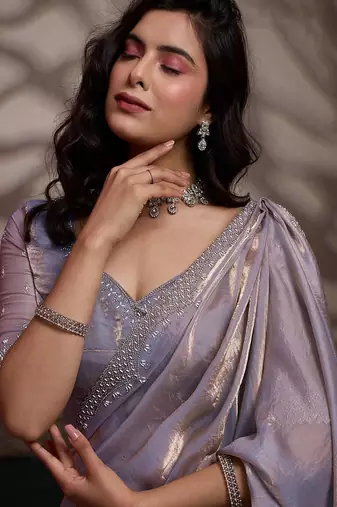 Light mauve velvet satin handcrafted cutdana & zarkan borders saree with blouse