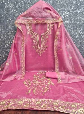 women's pink unstitched organza dress material with embroidered dupatta 2
