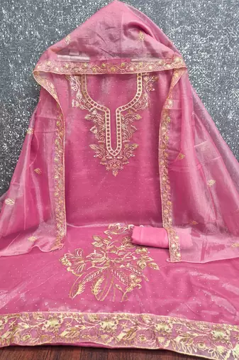 women's pink unstitched organza dress material with embroidered dupatta