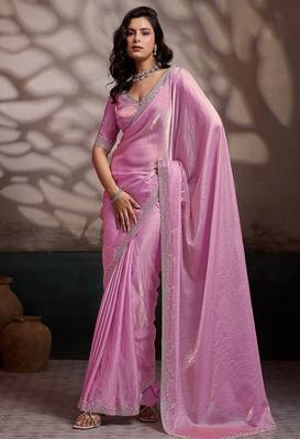 Pink velvet satin handcrafted cutdana & zarkan borders saree with blouse 1