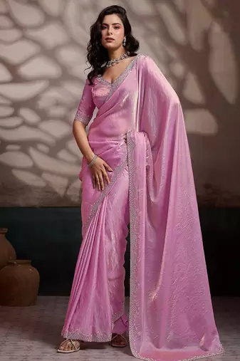 Pink velvet satin handcrafted cutdana & zarkan borders saree with blouse