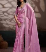 Pink velvet satin handcrafted cutdana & zarkan borders saree with blouse