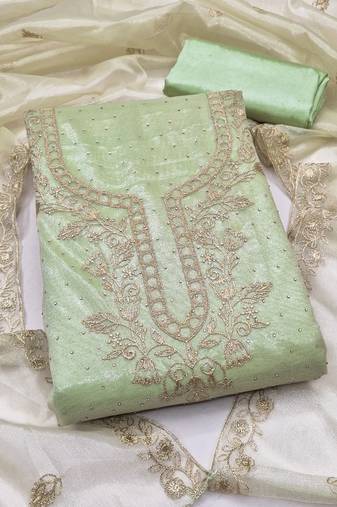 women's light green unstitched organza dress material with embroidered dupatta