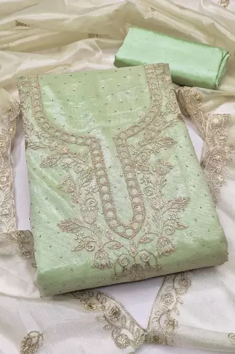 women's light green unstitched organza dress material with embroidered dupatta