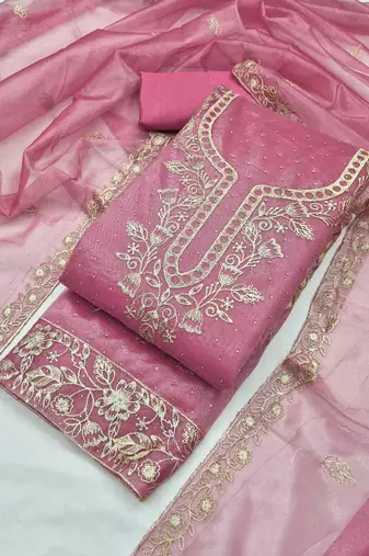 women's pink unstitched organza dress material with embroidered dupatta