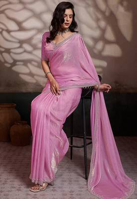 Pink velvet satin handcrafted cutdana & zarkan borders saree with blouse 3