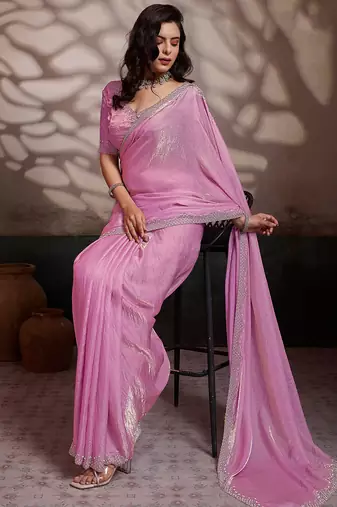 Pink velvet satin handcrafted cutdana & zarkan borders saree with blouse