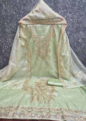 women's light green unstitched organza dress material with embroidered dupatta 2