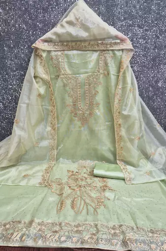 women's light green unstitched organza dress material with embroidered dupatta
