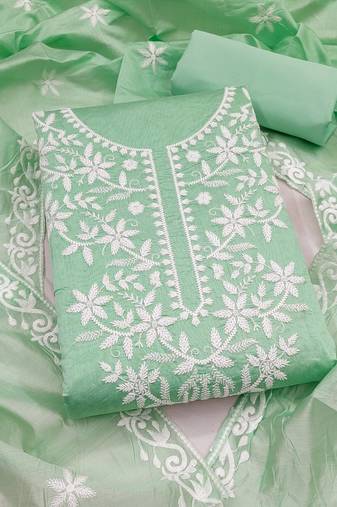 women's light green unstitched chanderi cotton dress material & embroidered dupatta