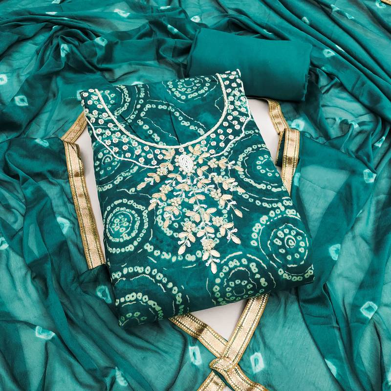 women's green unstitched cembric cotton dress material with printed dupatta