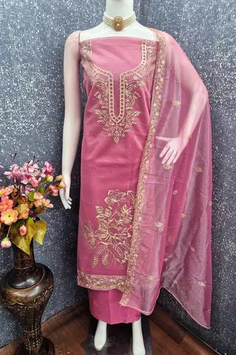 women's pink unstitched organza dress material with embroidered dupatta