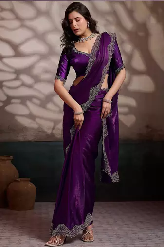 Wine velvet satin handcrafted cutdana & zarkan borders saree with blouse