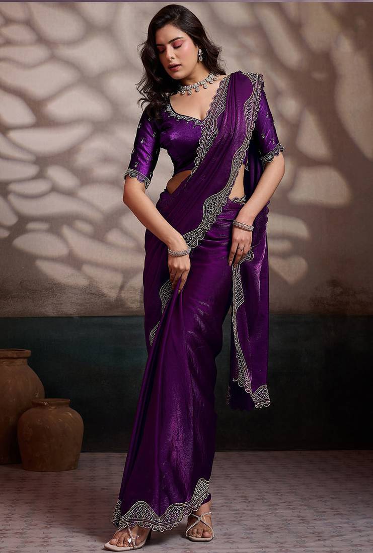 Wine velvet satin handcrafted cutdana & zarkan borders saree with blouse