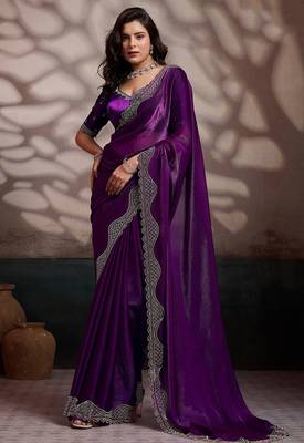 Wine velvet satin handcrafted cutdana & zarkan borders saree with blouse 2