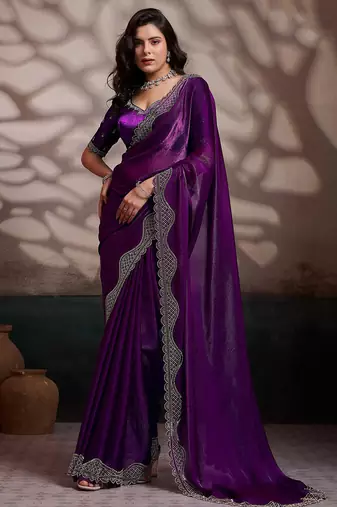 Wine velvet satin handcrafted cutdana & zarkan borders saree with blouse