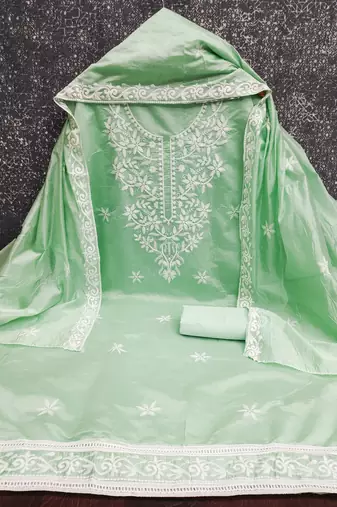 women's light green unstitched chanderi cotton dress material & embroidered dupatta