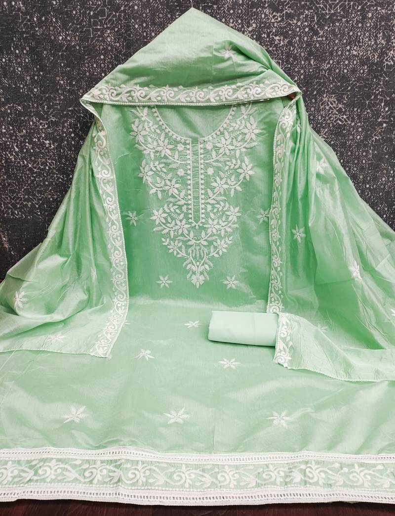 women's light green unstitched chanderi cotton dress material & embroidered dupatta