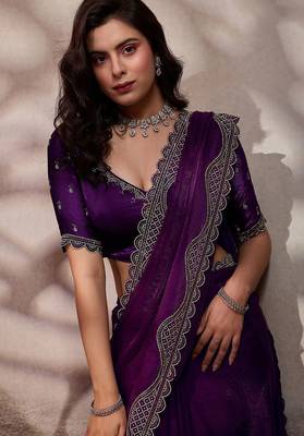 Wine velvet satin handcrafted cutdana & zarkan borders saree with blouse 3