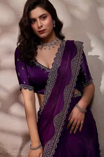 Wine velvet satin handcrafted cutdana & zarkan borders saree with blouse