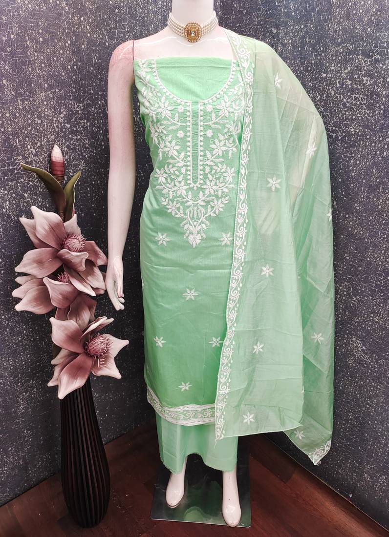 women's light green unstitched chanderi cotton dress material & embroidered dupatta