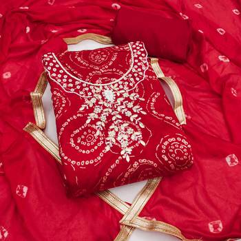 women's red unstitched cembric cotton dress material with printed dupatta 1