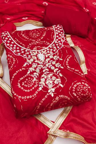 women's red unstitched cembric cotton dress material with printed dupatta