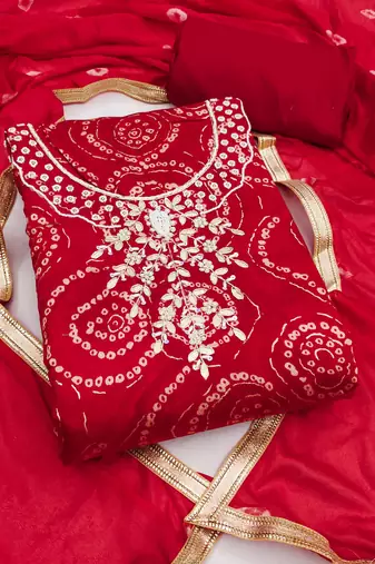 women's red unstitched cembric cotton dress material with printed dupatta