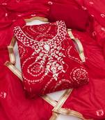 women's red unstitched cembric cotton dress material with printed dupatta