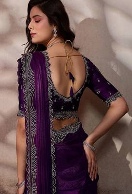 Wine velvet satin handcrafted cutdana & zarkan borders saree with blouse 5