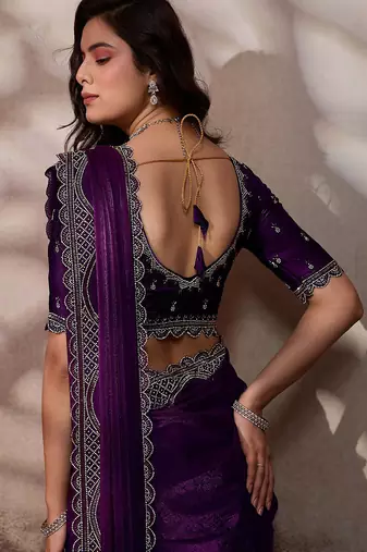 Wine velvet satin handcrafted cutdana & zarkan borders saree with blouse