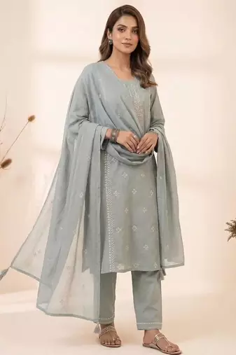 gray color embroidered and sequence wrok silk blend salwar suit