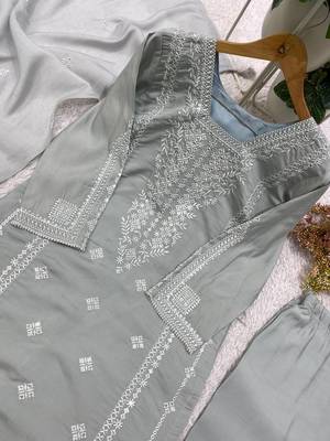 gray color embroidered and sequence wrok silk blend salwar suit 2