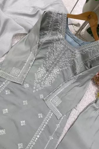 gray color embroidered and sequence wrok silk blend salwar suit