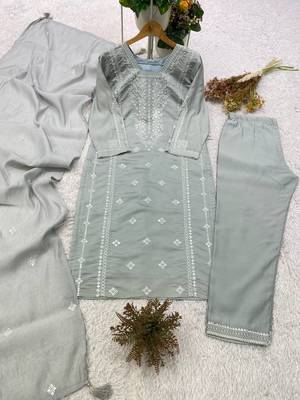 gray color embroidered and sequence wrok silk blend salwar suit 3
