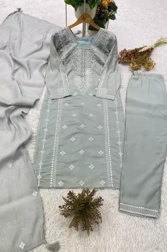 gray color embroidered and sequence wrok silk blend salwar suit