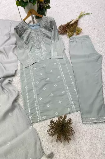 gray color embroidered and sequence wrok silk blend salwar suit
